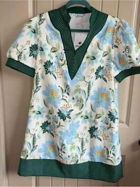 Green-Trim Floral V-Neck Mini Dress in Blue and White